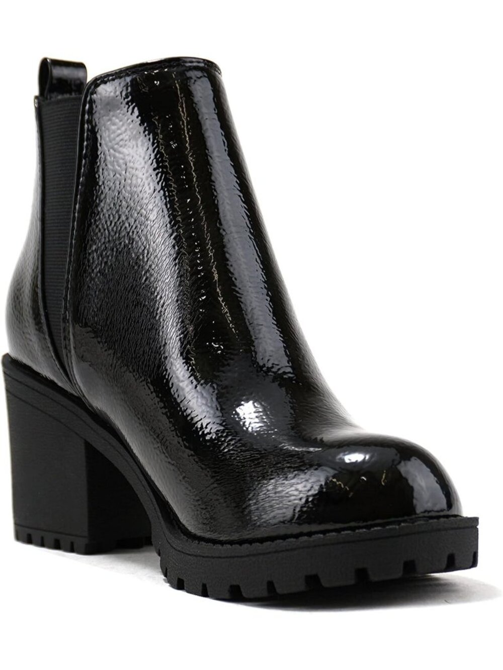 Women's Black Patent Origami Lug Sole Mid Heel Ankle Bootie Double Elastic Boot - Picture 4 of 4